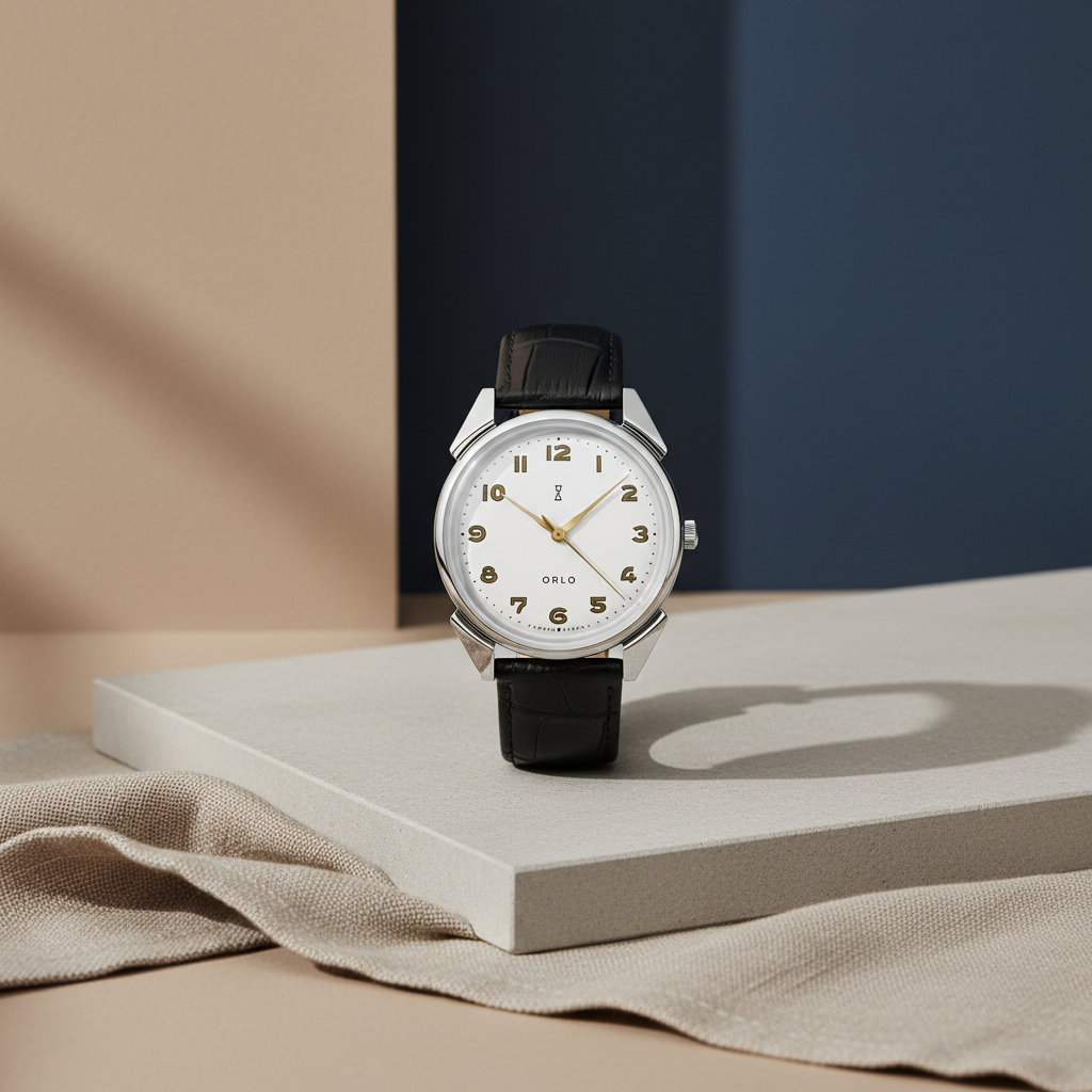 Wristwatch with black strap on a white platform against a neutral background