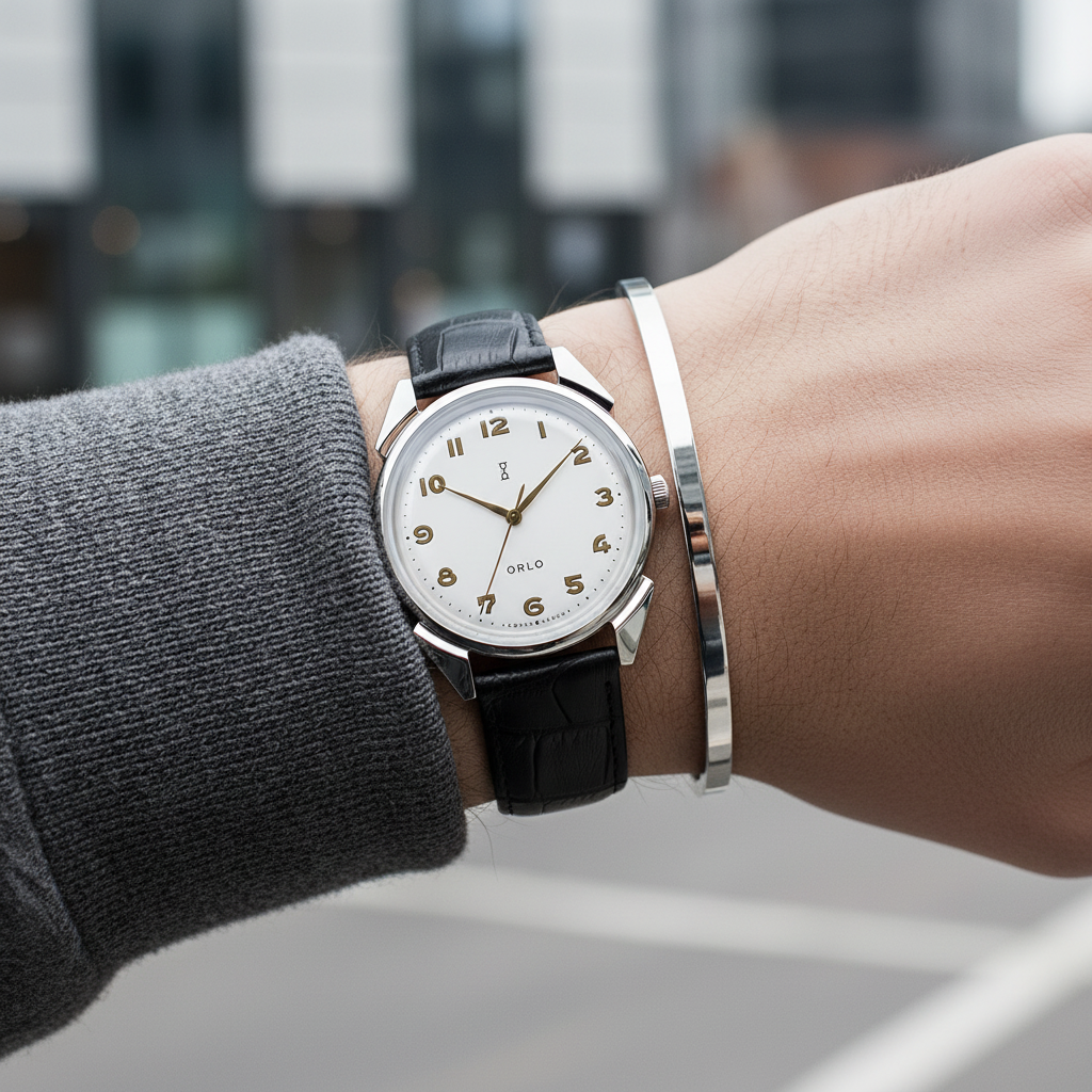 Person wearing a black wristwatch with a blurred background