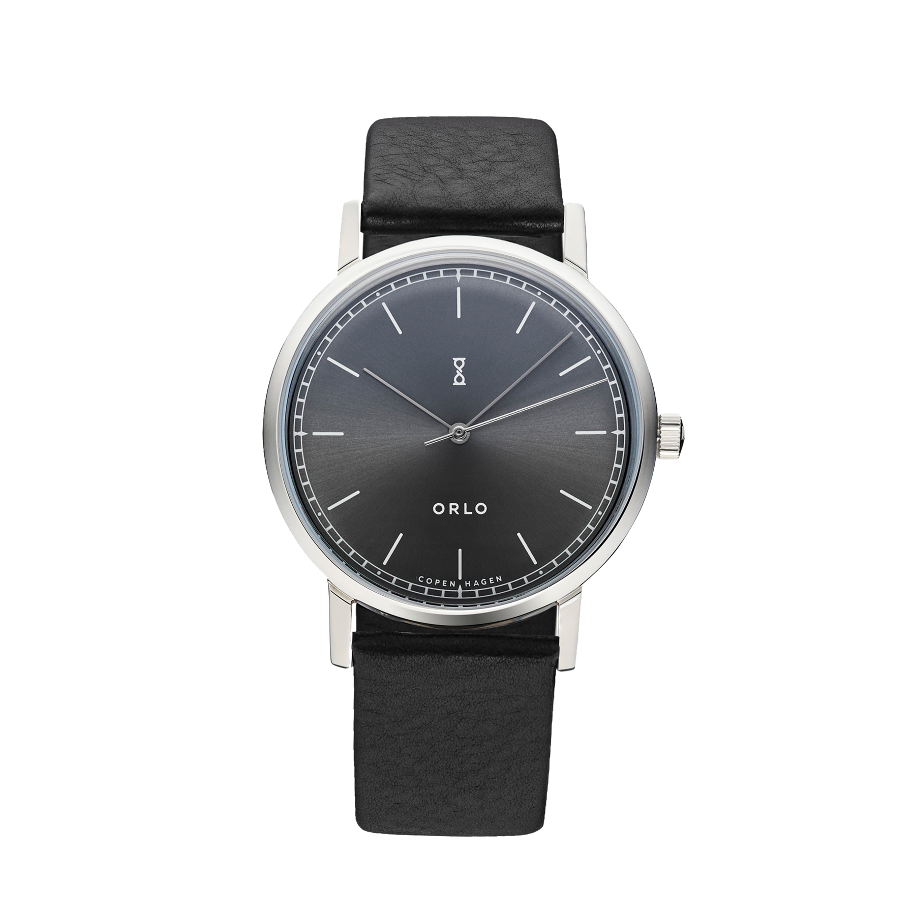 Black watch with silver case and black leather strap on a white background