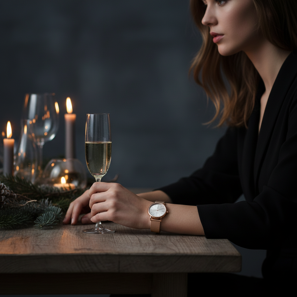 Woman holding a glass of champagne with candles and wine glasses in the background