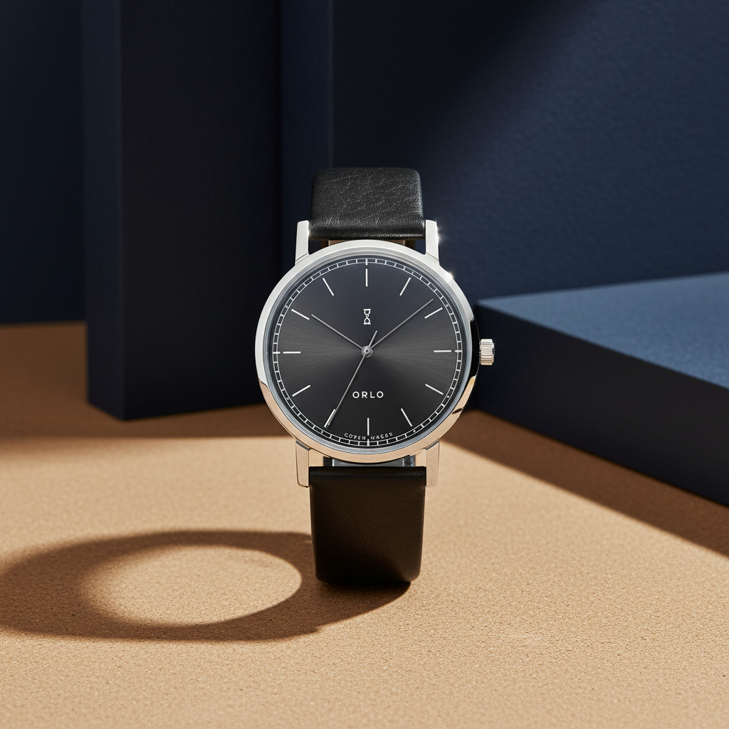 Black watch with a black strap on a brown surface with a blue background