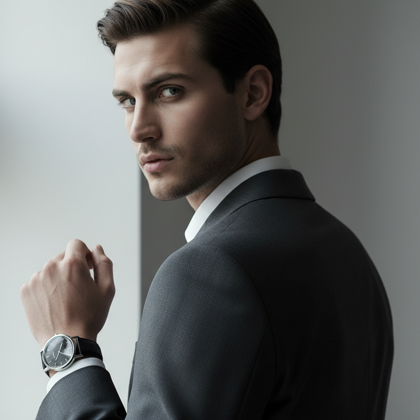 A silver-colored men's watch with a dark grey dial, silver hands, and a polished stainless steel case, featuring an embossed logo on the crown.