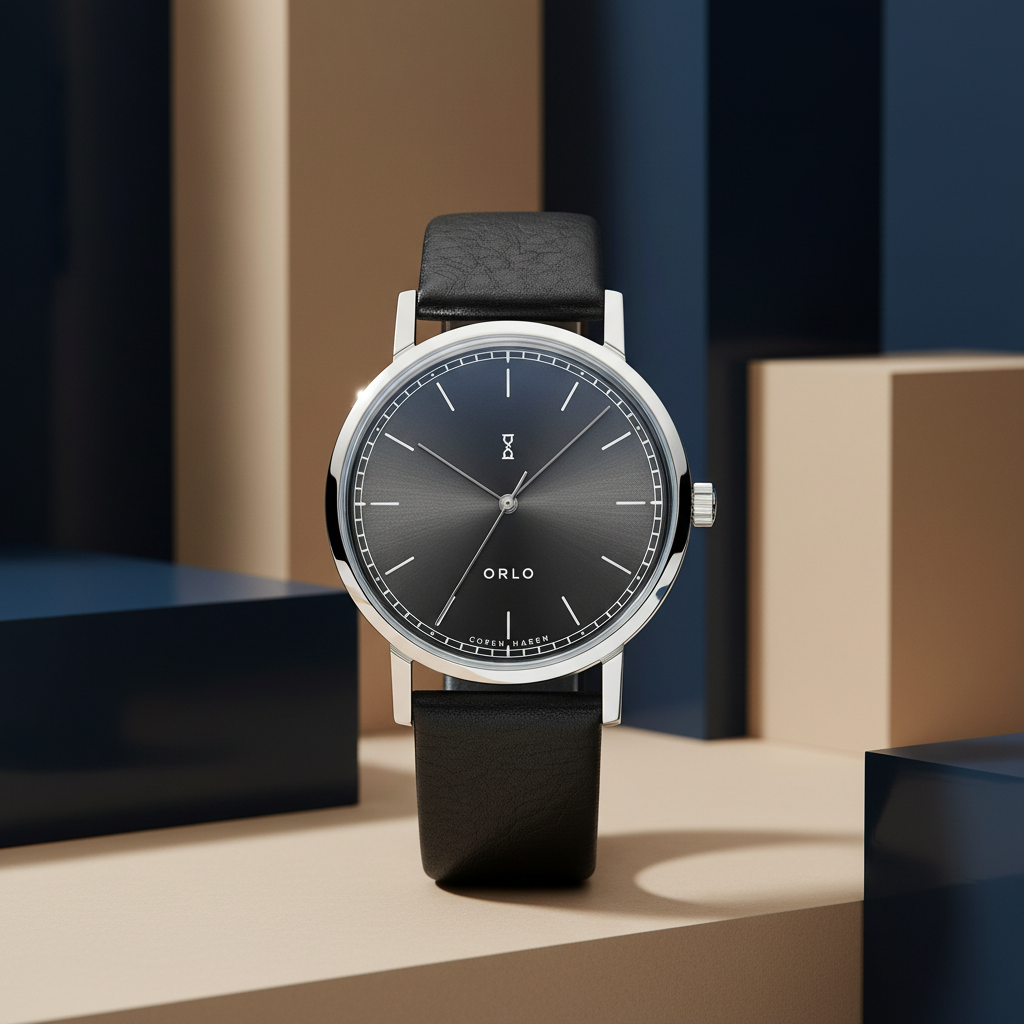 Black wristwatch with a silver case on a neutral background