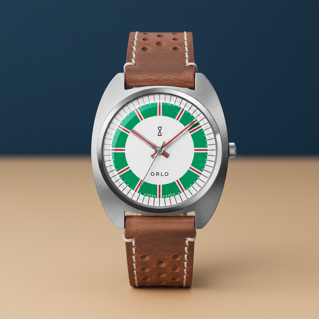 Watch with a brown leather strap and green and red face on a beige surface with a blue background