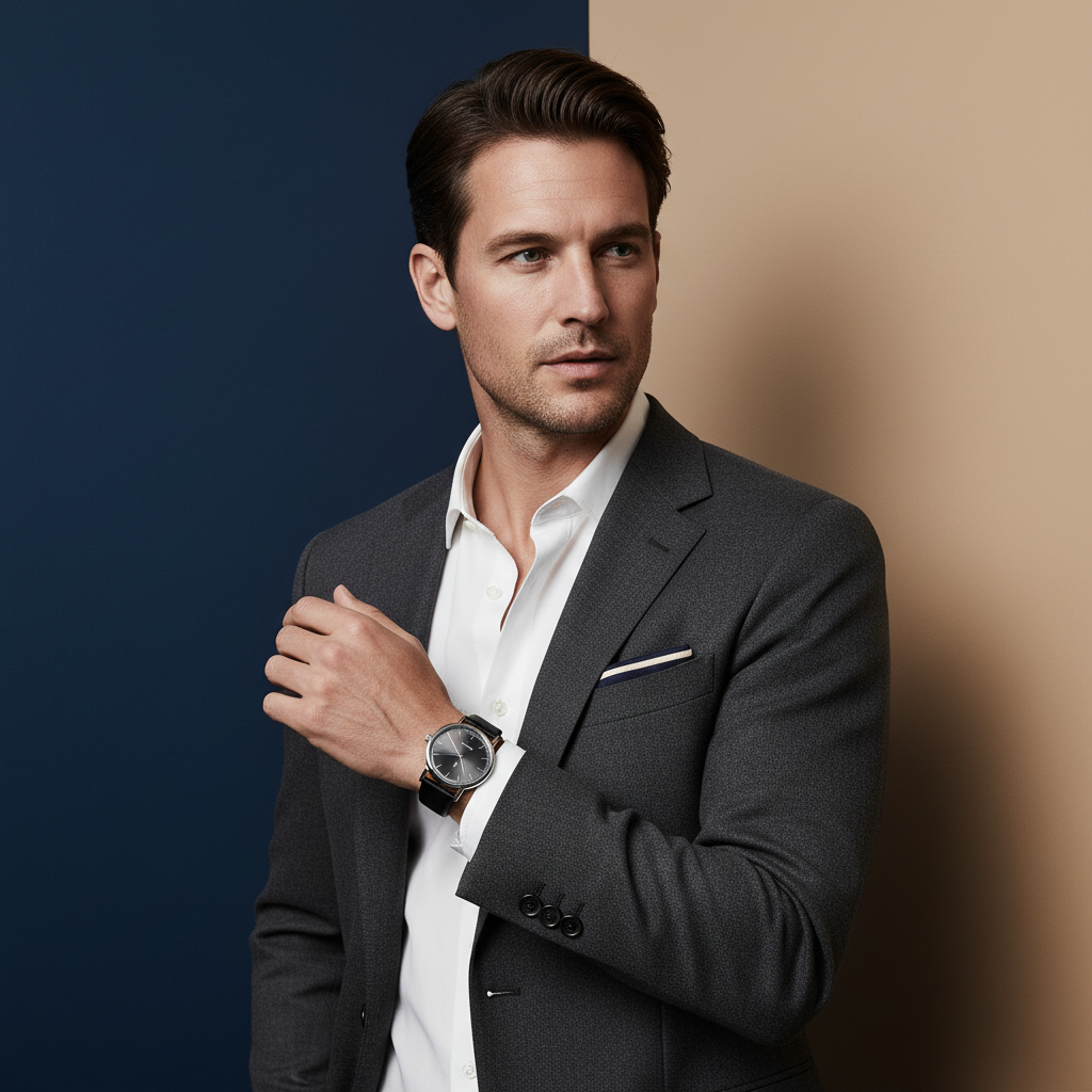 Man in a suit standing against a two-tone wall