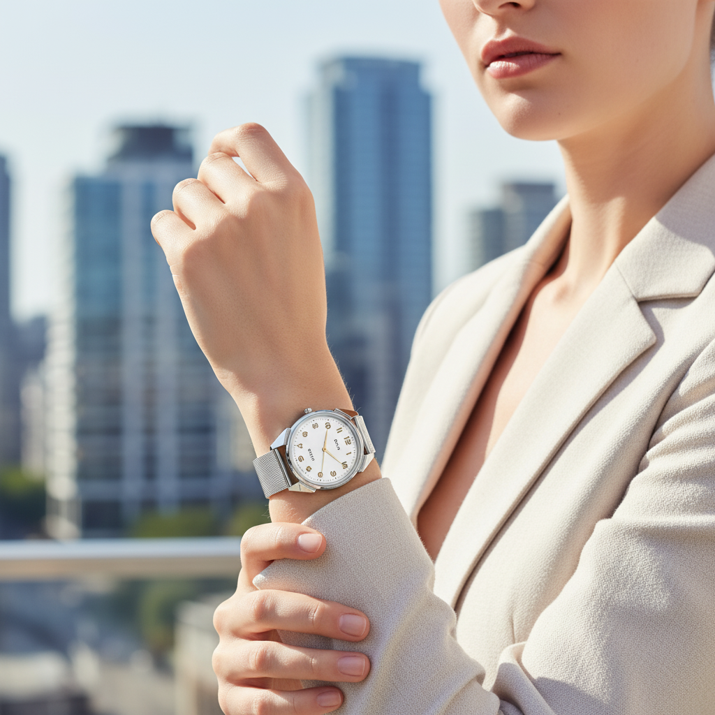 Woman wearing a silver watch with a cityscape in the background
