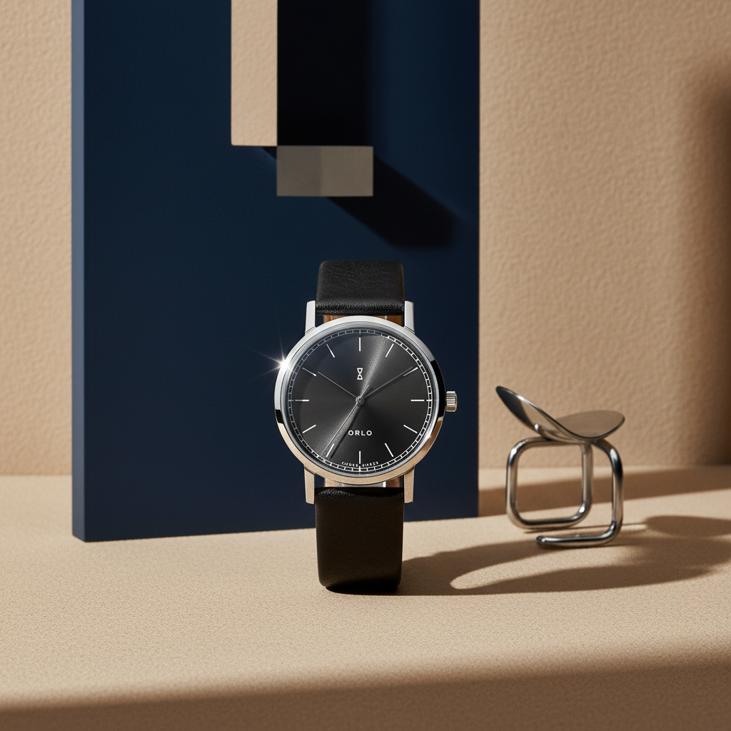 Black watch with silver accents on a beige surface with a blue rectangular object and small metal chair in the background.
