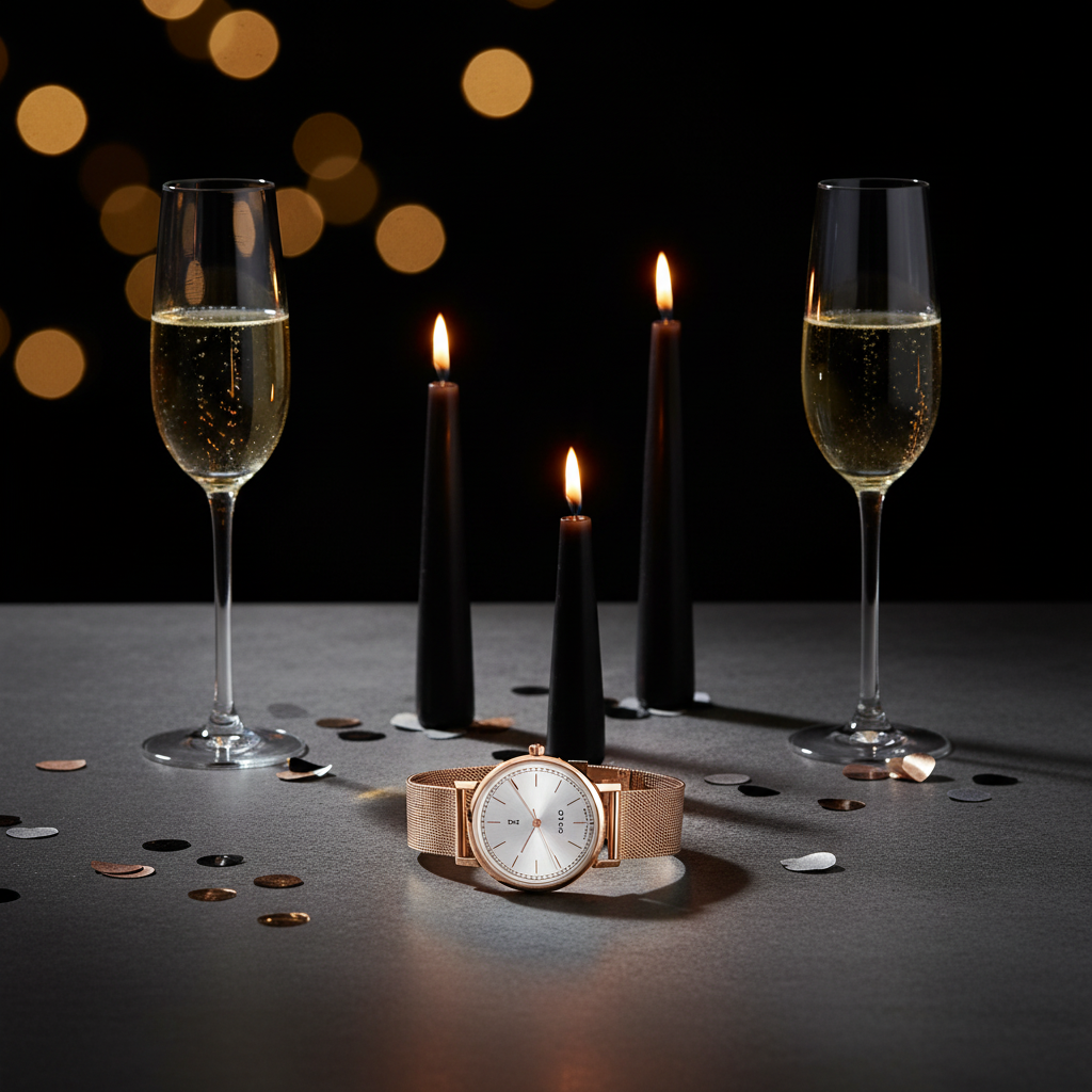 Rose gold watch on a dark surface with two champagne glasses and candles in the background.