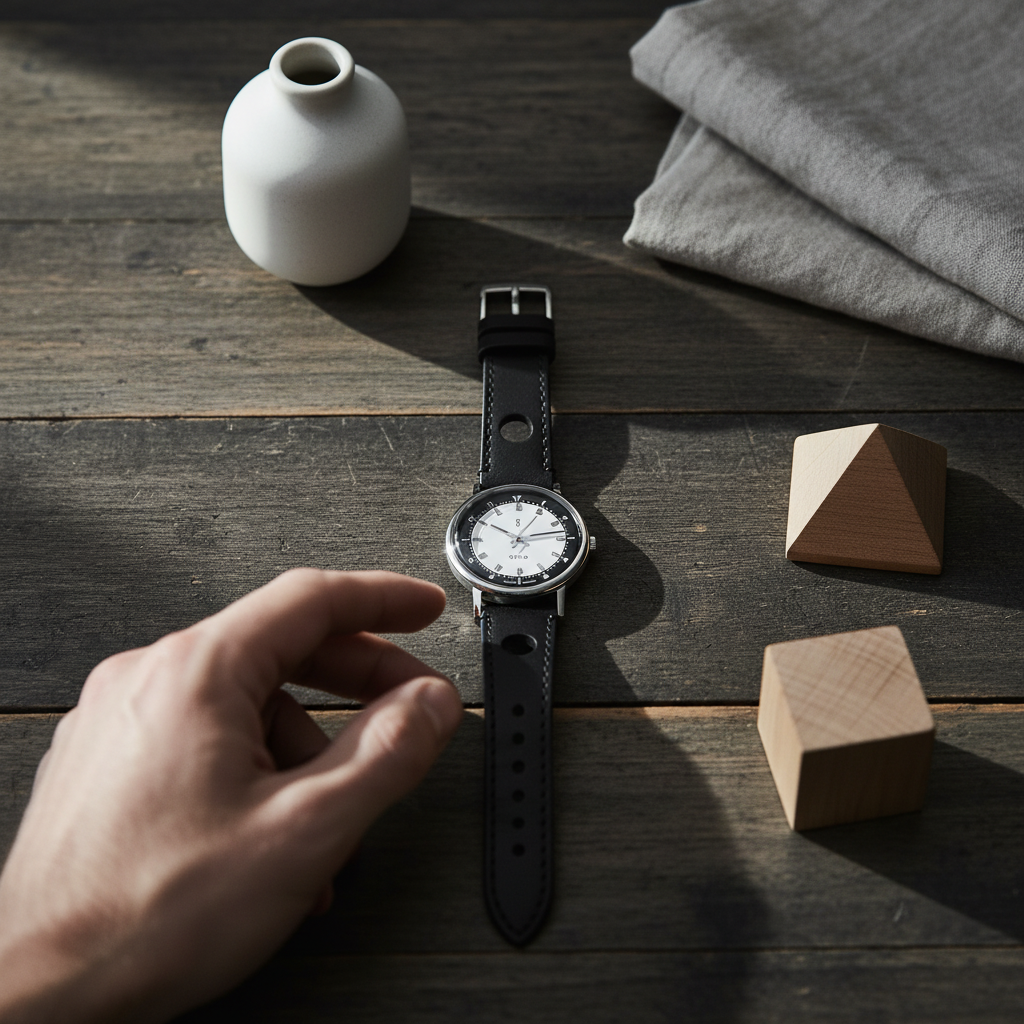 Hand adjusting a black wristwatch on a wooden surface with a white vase and wooden blocks.